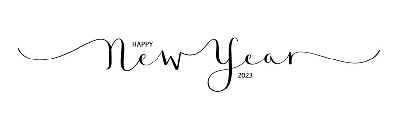 Wall Mural - HAPPY NEW YEAR 2023 black vector brush calligraphy banner