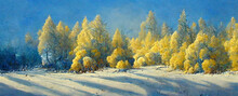 Winter Landscape In Yellow And Blue Tones, Bushes