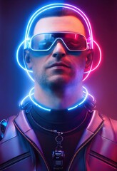 Poster - A fictional person, not based on a real person. Portrait of a sci-fi cyberpunk male. High-tech futuristic man from the future. The concept of virtual reality and cyberpunk. 3D render.