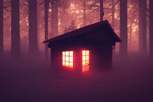 A Creepy Cabin In The Woods With A Red Light Glowing