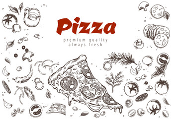 Wall Mural - Pizza line banner. Engraved style doodle background. Savoury pizza ads. Tasty banner for cafe, restaurant or food delivery service