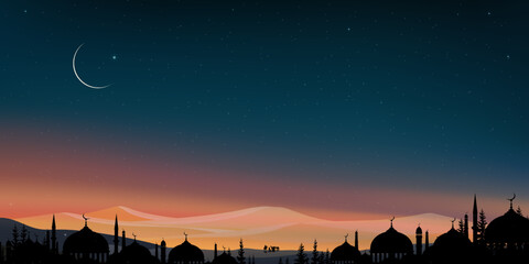 Eid Mubarak background,Silhouette Dome Mosques at night, crescent moon blue sky,Vector Arab family,Muslim caravan riding camel going through the sand dunes,Islamic religions,Eid al-Adha,Eid al-fitr