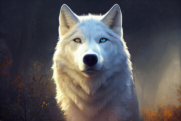 Wall Mural - majestic white wolf in snow woods. majestic wolf sitting down surrounded by magical snow. 3d illustr