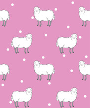 Sheep Pattern. White Sheeps On Pink Background