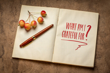 Wall Mural - What am I grateful for? Handwritten question in an old notebook or journal with crab apples, Thanksgiving theme