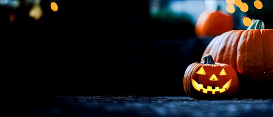 Cut out Halloween Pumpkin glowing at night with blurry lights in dark background