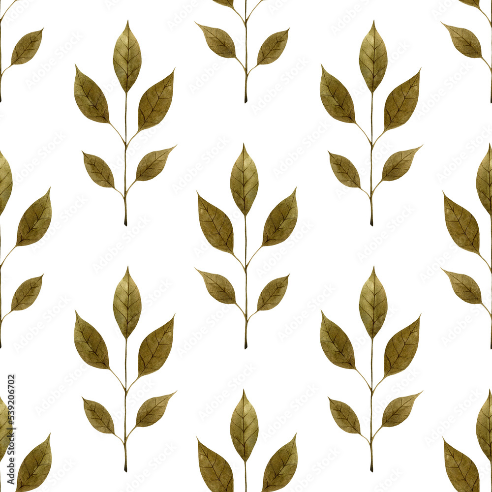 Watercolor green leaves seamless pattern in vintage style. Hand drawn ...