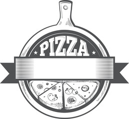 Wall Mural - Pizza cafe logo template. Retro engraving emblem