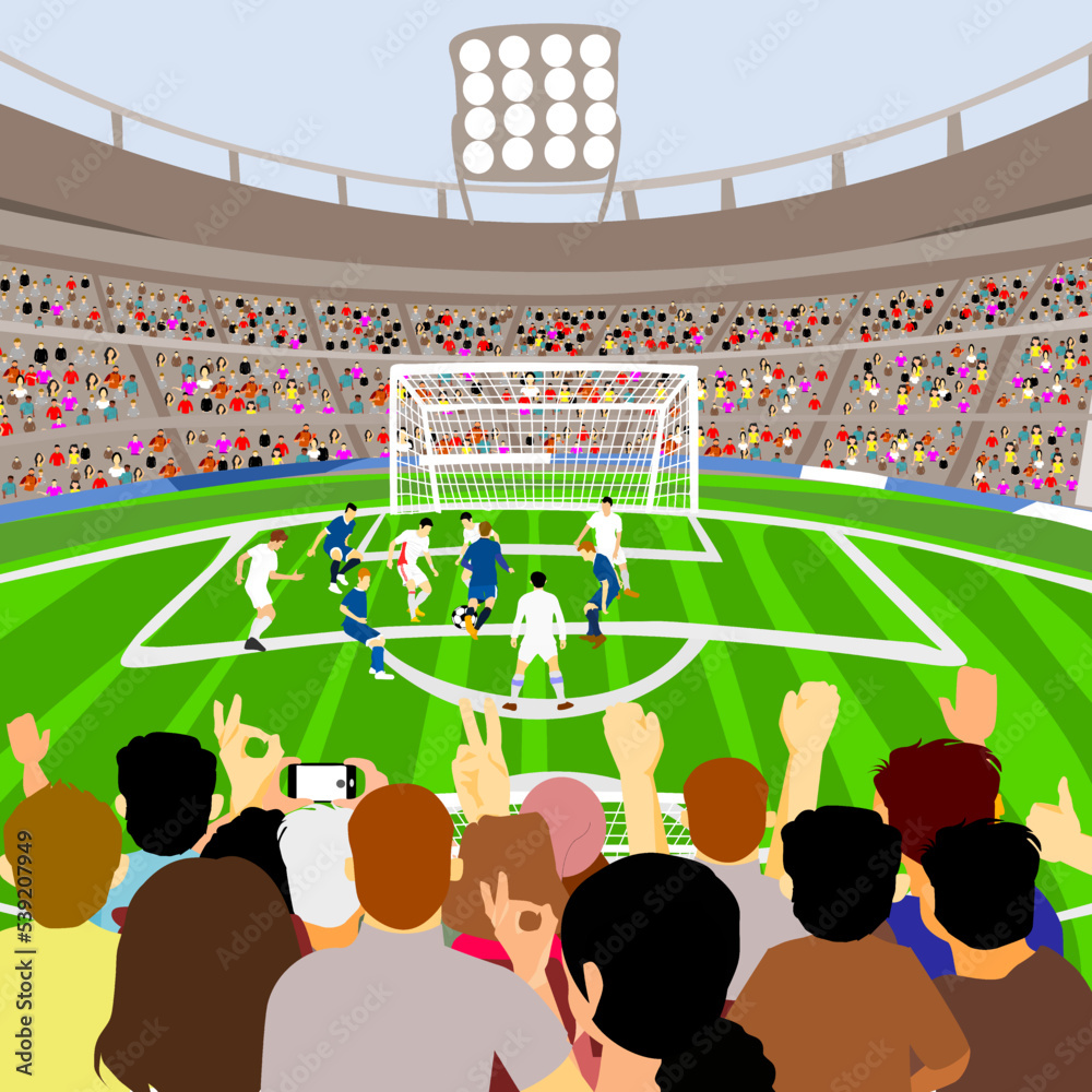 Vector of crowd Football or soccer fans supporting their team at stadium,  cheering, and celebrating goal, victory, making video on mobile. Stock  Vector | Adobe Stock, image size:1000x1000