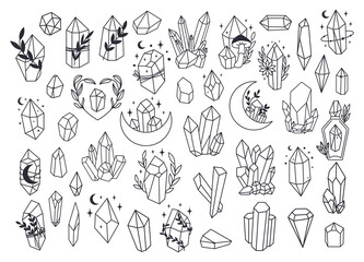 set of mystical line art esoteric crystals, gem stones, diamonds, jewelry minimalist print. boho ast