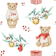 watercolor seamless pattern with christmas gold balls, bears, berries, branches. isolated on white b
