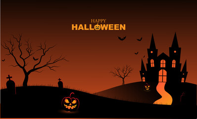 Happy Halloween background template with group of Jack O Lantern pumpkin and Halloween castle, bat, tree elements on orange gradinet background. Website spooky, copy space, background or banner.