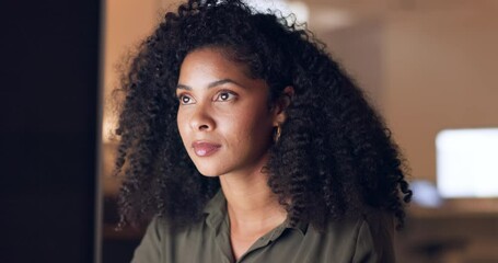 Poster - Black woman, working and business, focus and plan, work and write corporate document in office. Young professional at desk, businesswoman and computer, connect and staff productivity.