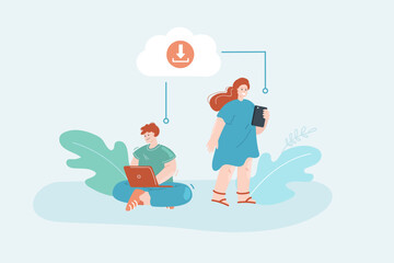 Poster - Colleagues with laptop and phone sharing files via internet. Office man and woman downloading files via online service flat vector illustration. Internet, communication, network concept for banner