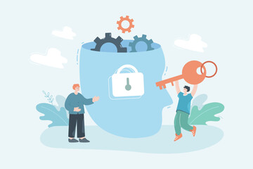 Poster - tiny person opening lock on huge head using big key. man unlocking creative mind flat vector illustr