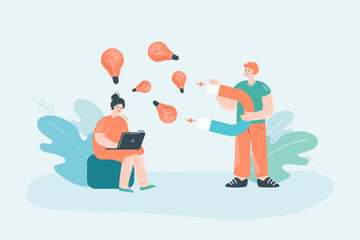 Wall Mural - Office worker stealing ideas from colleague with magnet. Woman with laptop, man attracting lightbulbs with magnet flat vector illustration. Creativity, plagiarism concept for banner or landing page