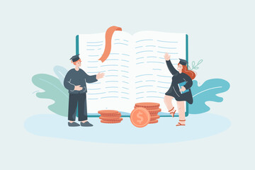 Graduate business students with gold coins and big book. Financial literacy, career for students flat vector illustration. Education, graduation, finances concept for banner or landing web page