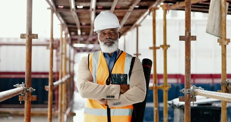 Poster - Construction, building and mature architect with design, vision and idea for development while working at a construction site. Portrait of elderly industrial worker with arms crossed for architecture