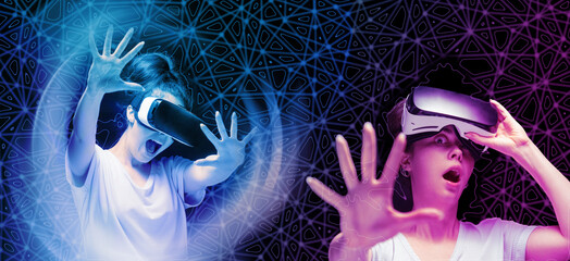 Banner of horror 3D simulation. Portrait of young had shocked screaming women removing VR glasses. Black background and neon abstracts. The concept of metaverse, virtual reality and cyberspace