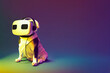Funny dog wearing vr headset looking upward, studio photography. Copy space, cute dogs human actions