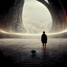 The Huge Hole And The Figure In Front Of It, A Picture Full Of Zen And Philosophy. The Cave Has Clouds