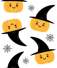 Sticker - Vector seamless pattern of hand drawn flat halloween pumpkin with face and witch hat isolated on white background