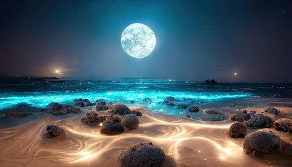 the big and beautiful moonlight and the ocean coast with light. blue glow in the sea