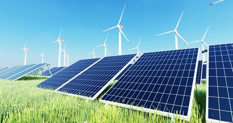 ultra hd. solar power plant and windmills. renewable energy, green tech. green energy, renewable ene