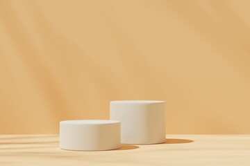 Two white podiums on a yellow background, 3d render