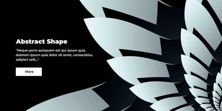 Unusual abstract background or first screen for your website on the right with part of a flower with spiral gradient gray, white and black petals and a black background. Abstract half flower pattern