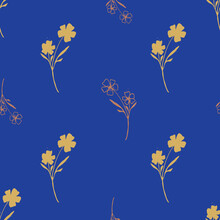 Wild Meadow Flower Seamless Vector Pattern Background. Vertical Yellow Brown Flowers On Bright Blue Backdrop. Line Art Outline Silhouette Botanical Design. Floral Maximalist Cottagecore For Summer