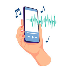 Poster - hands holding, touching mobile phones displays, using apps online. music player, business telephone 