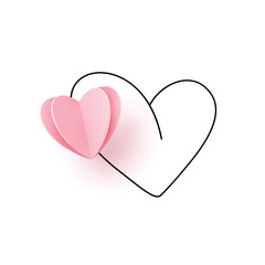 Wall Mural - one realistic paper cut pink heart on heart outline line, isolated on