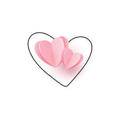 Wall Mural - Two pink realistic paper cut hearts on heart outline line, isolated on