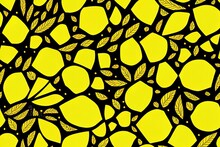 A Pattern Of Lemons And Leaves On A Black Background, A Black And Yellow Wallpaper With Leaves And Branches.
