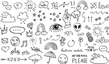 Set Of Doodles On Transparent Background. Drawings By Hand. Arrows, Hearts, Clouds, Rainbows, Emoticons, Etc. Collection Of Doodles For Your Design. PNG Image