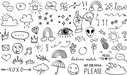 set of doodles on transparent background. drawings by hand. arrows, hearts, clouds, rainbows, emotic