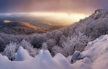 Poster - Majestic sunset panorama in winter mountains landscape, Slovakia.