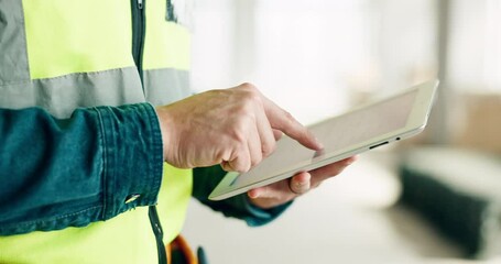 Canvas Print - Building, digital tablet and construction worker hands planning and schedule at a site, checking online plan and strategy. Vision, design and engineer man working on project details for innovation