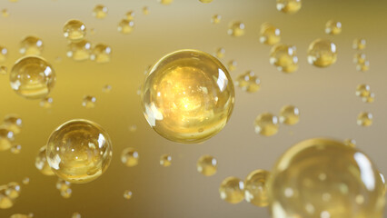 Poster - 3d rendering cosmetics golden serum bubbles on defocus background. collagen bubbles design. moisturi