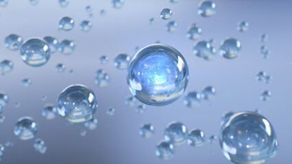 Aufkleber - 3D cosmetic rendering Blue serum bubbles against a bright background. Collagen bubble design. The essentials of the serum notion and moisturizing. Vitamins for health and beauty concept.