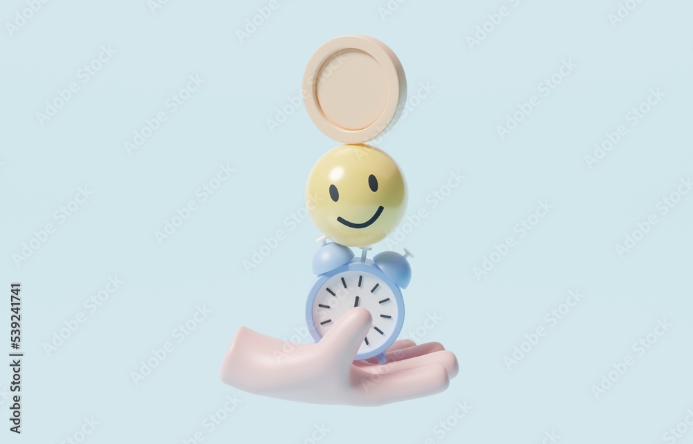 ภาพประกอบ Stock Hand holding stack of clock, smiley emoticon and coin ...