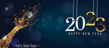 2023 New Year. 2023 Happy New Year Greeting Card. 2023 Happy New Year Background Isolated On Transparent Background. 2023 Happy New Year Background With Gold Glitter Champagne Bottle.
