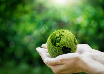 Green earth planet in hands with shining light. Save and protection Earth. Concept of the Environment World Earth Day, sustainable concept. 