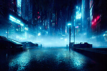Wet Road In Rainy Street In Future Cyberpunk City With Neon Lights