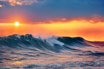 Wall Mural - sunset over ocean waves in the tropical sea with splashing water