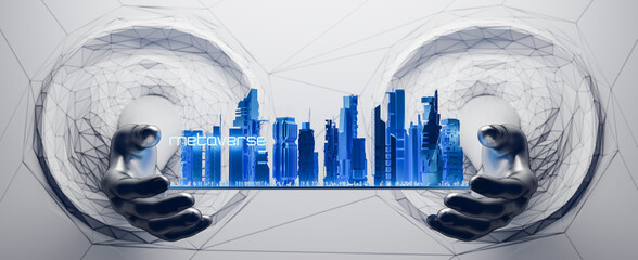 Poster - Metaverse city and AR technology concept. 3D render blue,white color technology background with the people crowd. abstract back ground