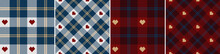 Set Check Plaid Seamless Pixel Pattern With Hearts.