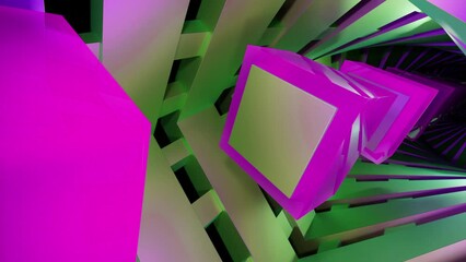Aufkleber - 3D tunnel with moving streams of squares. Design. Colorful 3d squares pass through stream of square frames. Squares move in stream of square frames on background of surreal tunnel