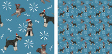 Seamless Dog Pattern, Winter Christmas Texture. Square Format, T-shirt, Poster, Packaging, Textile, Socks, Textile, Fabric, Decoration, Wrapping Paper. Trendy Hand-drawn Miniature Schnauzer Dog Breed.